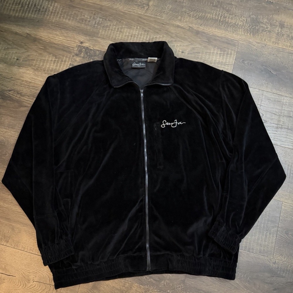 Sean John Y2K Black Velour Track Jacket Mens XXL Full Zip Hip Hop Streetwear